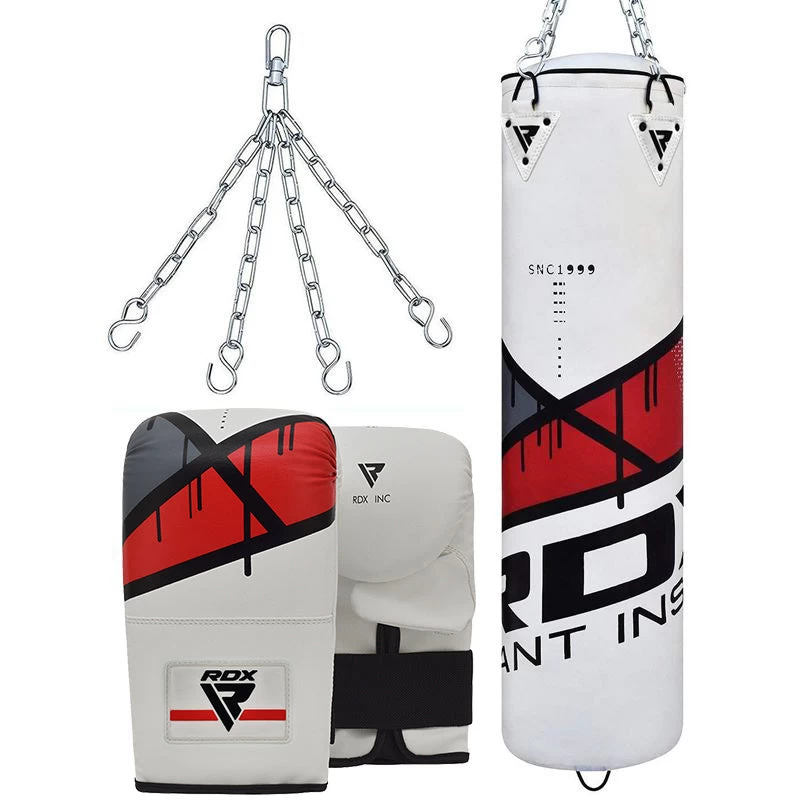 RDX Sports Store RDX F7 4ft / 5ft 3-in-1 Ego White / Red Training Punch Bag With Mitts Set